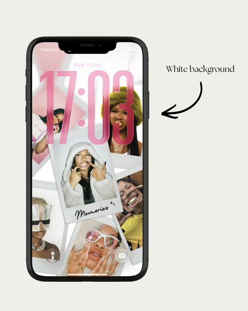 Phone displaying a photo collage app with a white background